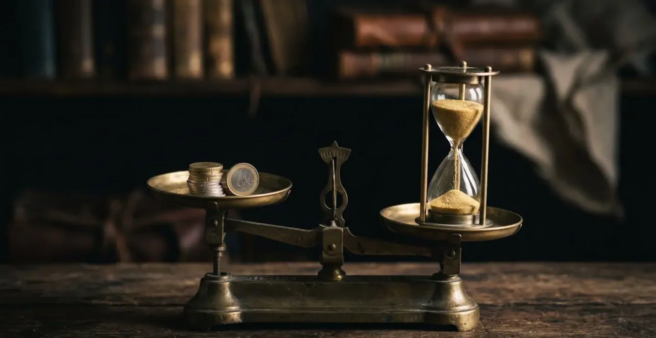Une balance ancienne en laiton légèrement déséquilibrée, avec des pièces d'euros d'un côté et un sablier de l'autre, symbolisant l'arbitrage entre réduction de mensualités et allongement de la durée de remboursement.