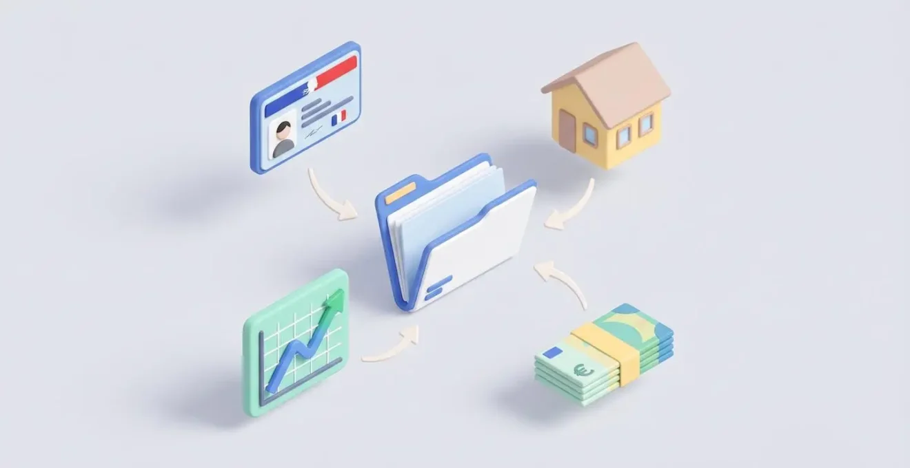 Illustration isométrique représentant les quatre catégories de documents nécessaires pour un rachat de crédit : identité, domicile, revenus et crédits, organisées autour d'un dossier central.