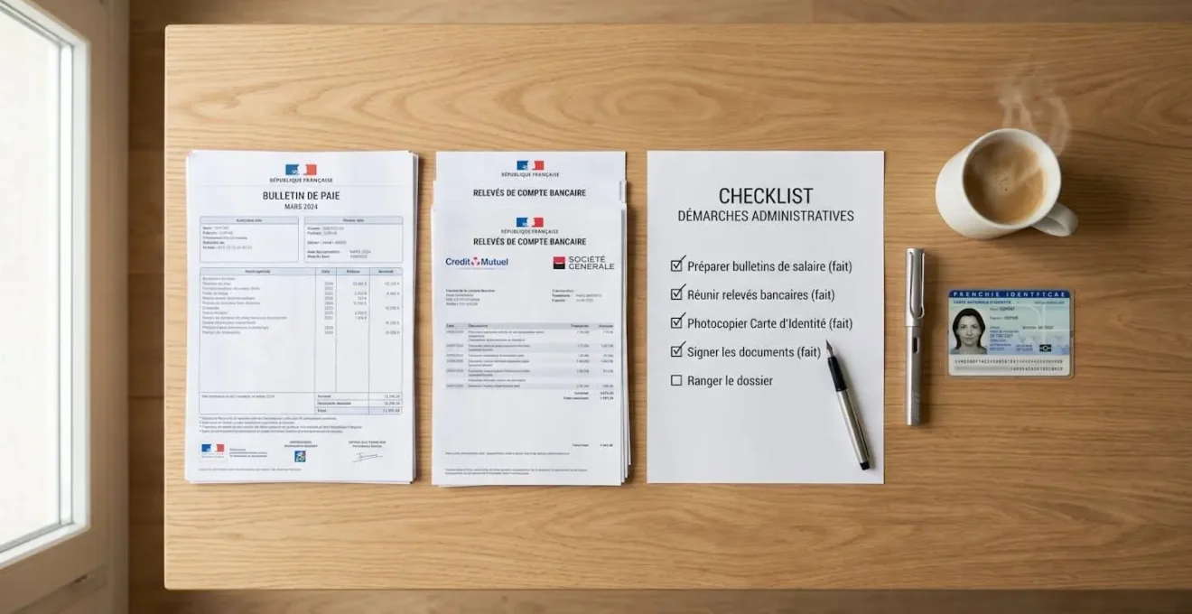 Vue de dessus d'un bureau organisé avec des documents administratifs classés en piles, une checklist cochée, un stylo et une tasse de café, symbolisant la préparation méthodique d'un dossier de rachat de crédit.