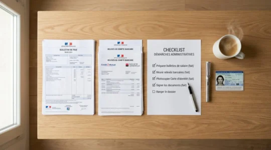 Vue de dessus d'un bureau organisé avec des documents administratifs classés en piles, une checklist cochée, un stylo et une tasse de café, symbolisant la préparation méthodique d'un dossier de rachat de crédit.
