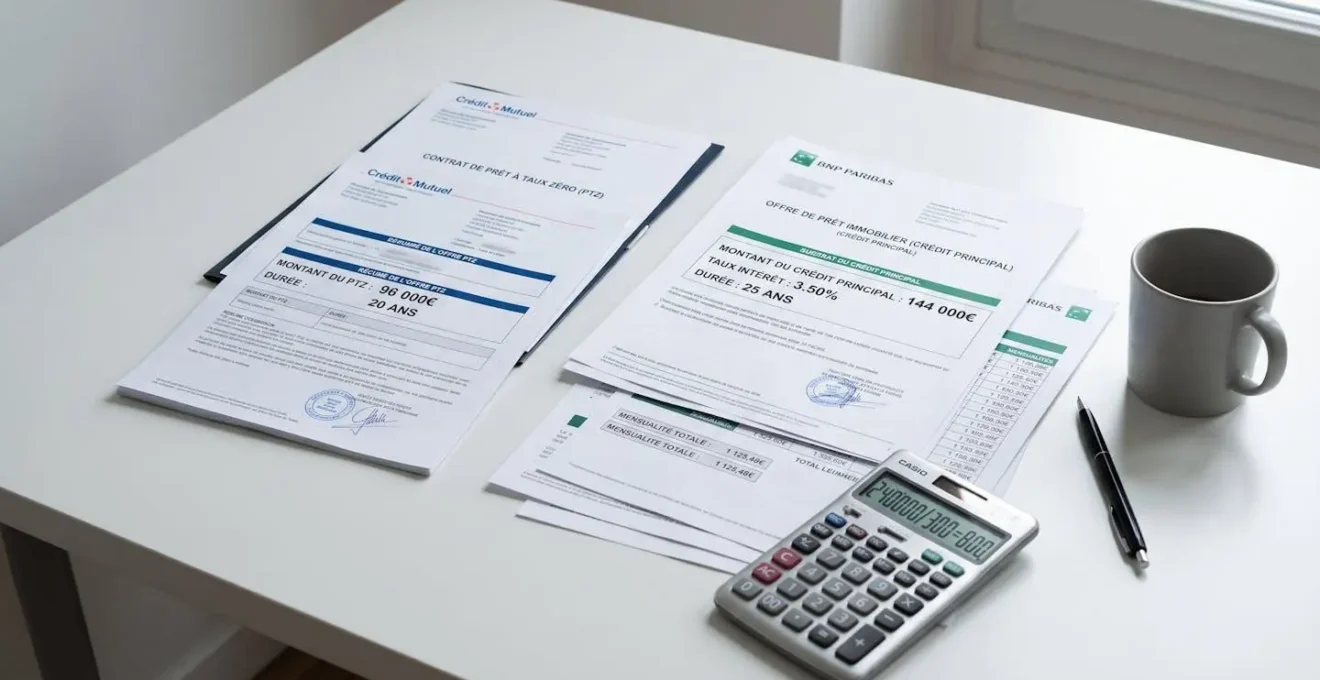 Documents de financement PTZ et crédit immobilier étalés sur un bureau avec calculatrice affichant les montants de chaque prêt