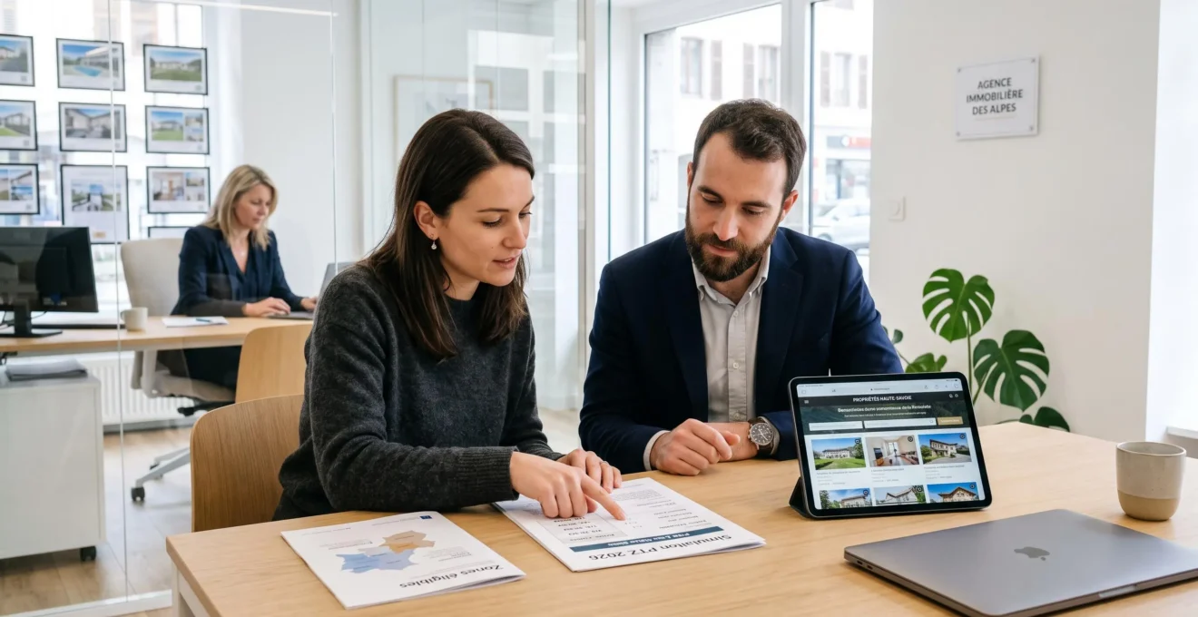 Jeune couple consultant des documents de simulation PTZ dans une agence immobilière moderne avec formulaires et brochures immobilières sur le bureau