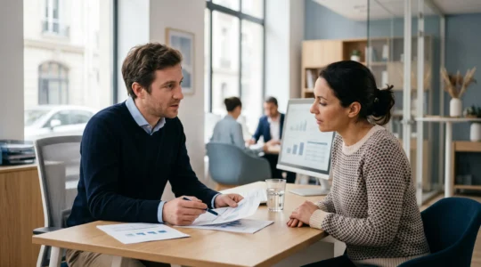 Un conseiller bancaire discute avec un client dans une agence bancaire moderne pour l'accompagner dans son projet de rachat de crédit