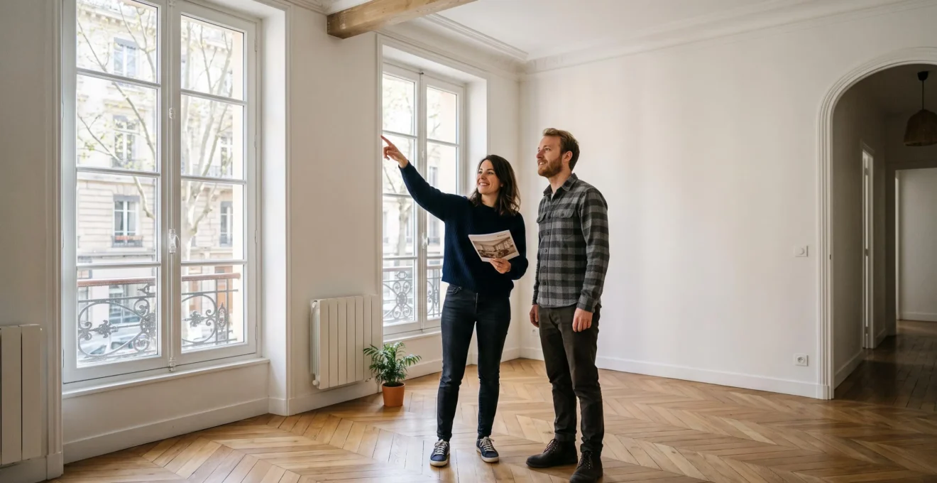Couple visitant un appartement lumineux lors d'une visite immobilière, observant l'espace et discutant dans un salon baigné de lumière naturelle