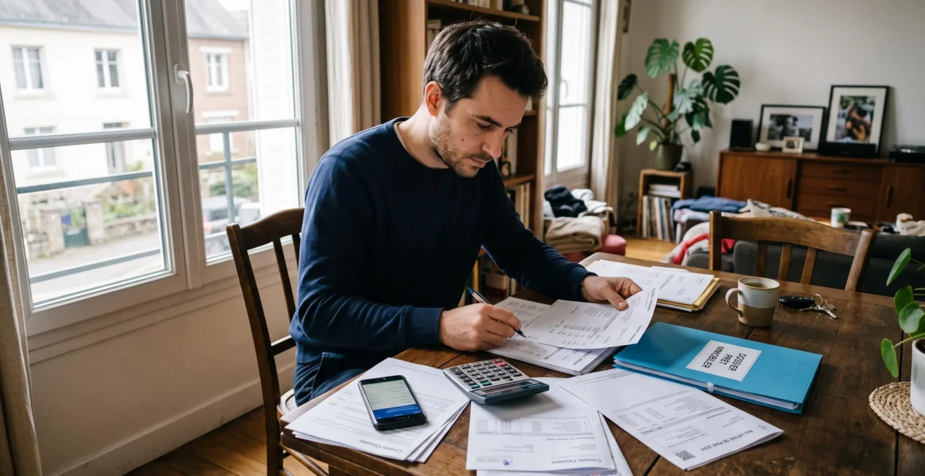 Homme organisant des documents financiers et relevés bancaires sur une table à domicile, préparant son dossier de crédit immobilier